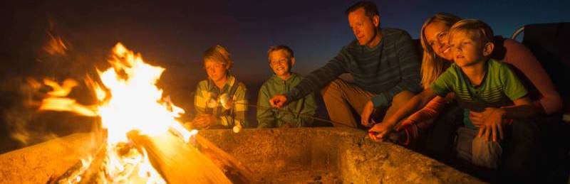 Young parents with their three little boys making s'mores around a campfire