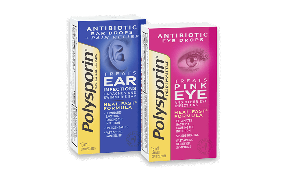 Front shot of POLYSPORIN® Antibiotic Ear Drops and Antibiotic Eye Drops Products, 15 mL each.